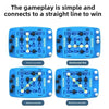 A blue strategy board game with black and yellow pieces showing various connection lines for winning.
