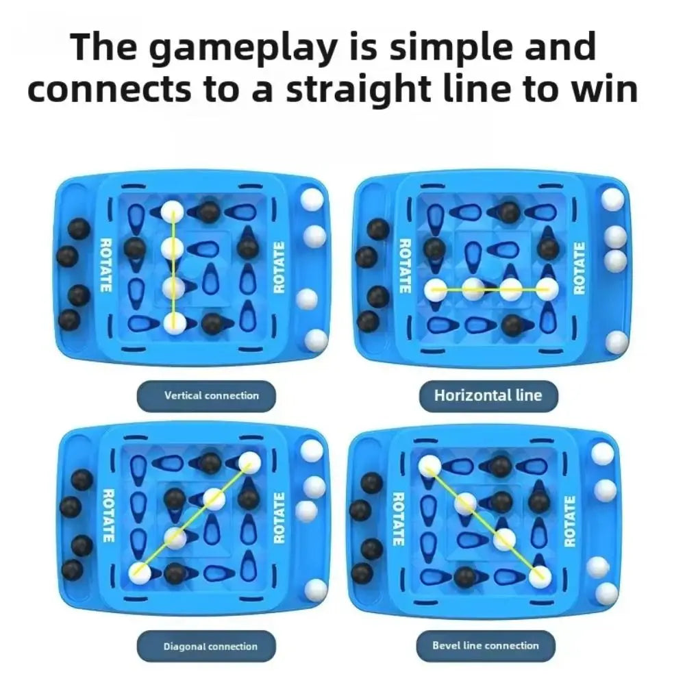 A blue strategy board game with black and yellow pieces showing various connection lines for winning.