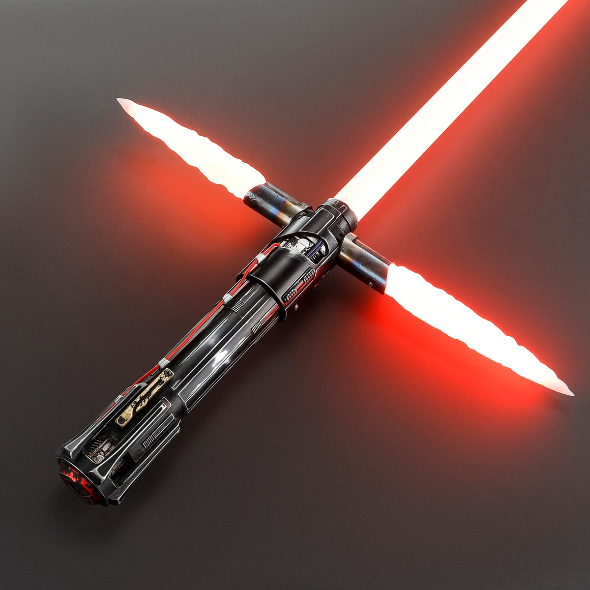 A customizable lightsaber hilt with a red blade is shown diagonally against a dark background.