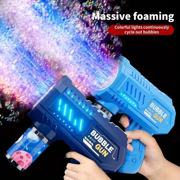A hand holds a blue bubble gun, which is actively creating massive foamy lights and bubbles.