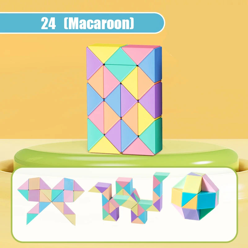 A stack of colorful macaron-shaped 3D puzzle cubes in various pastel shades.