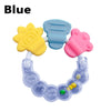 A set of silicone baby teethers in yellow and pink colors.
