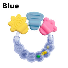 A set of silicone baby teethers in yellow and pink colors.
