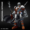 A detailed model of a humanoid mecha figure with silver and orange armor and weaponry.