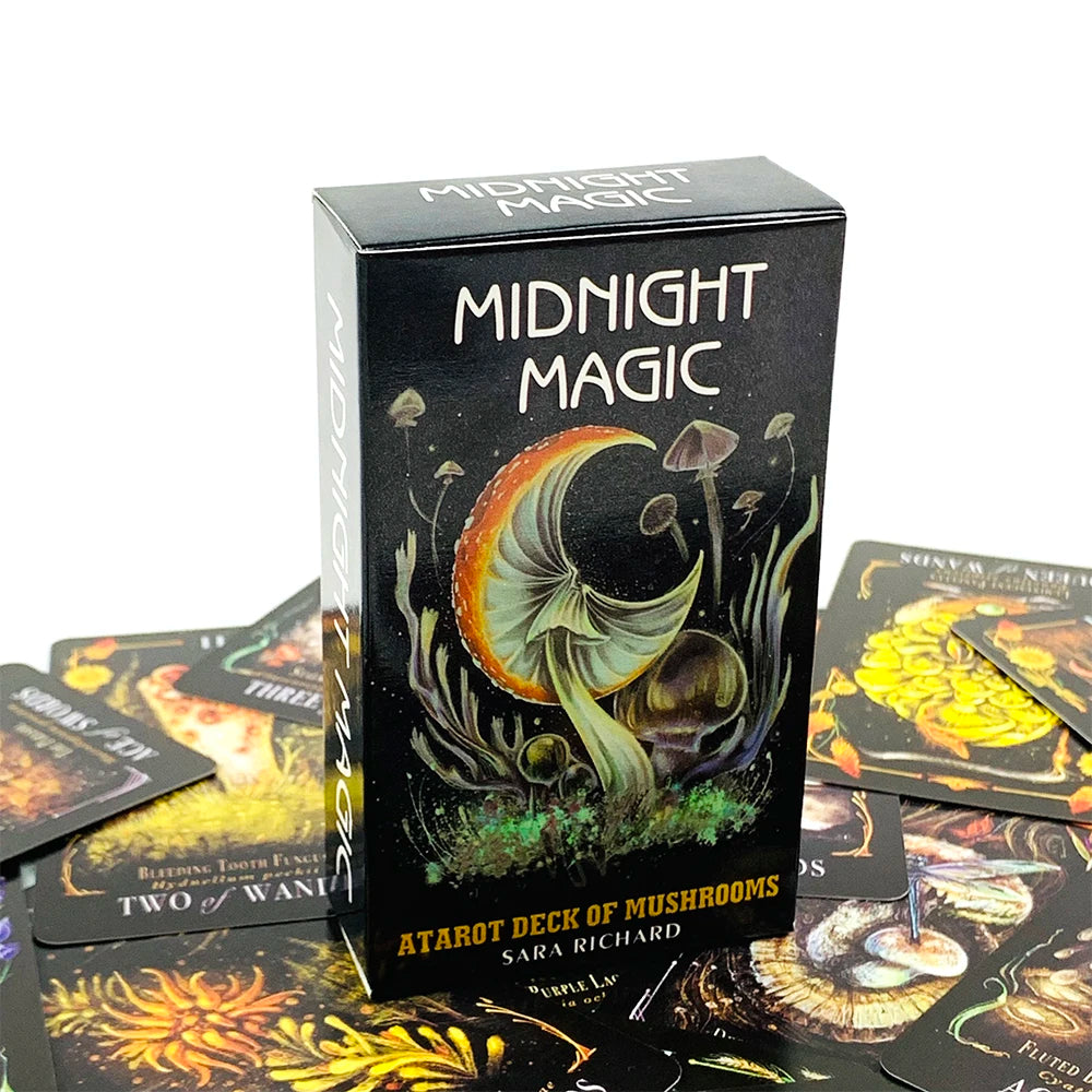 A box of the Midnight Magic Mushroom Tarot Deck featuring dark, mystical artwork and tarot cards.