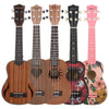 A row of five acoustic guitars in various wood tones and finishes displayed side by side.