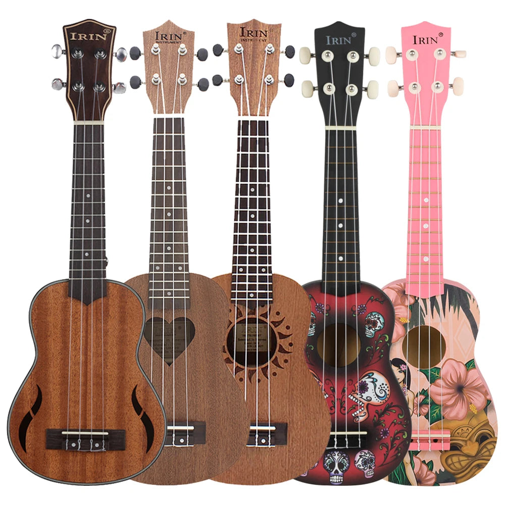 A row of five acoustic guitars in various wood tones and finishes displayed side by side.