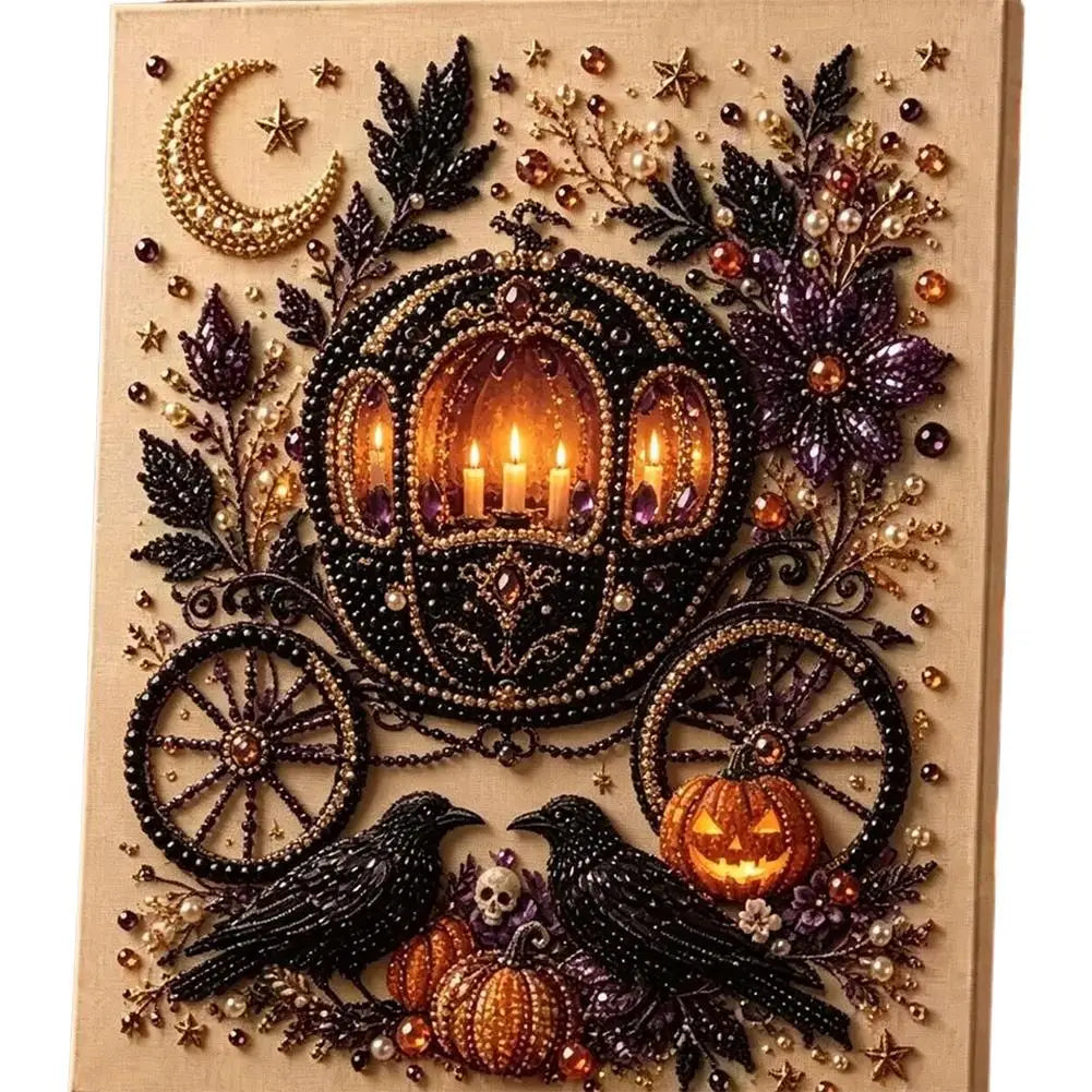 A detailed mosaic art kit featuring a black silhouette of a ghost, pumpkins, and autumnal foliage with pearl accents.
