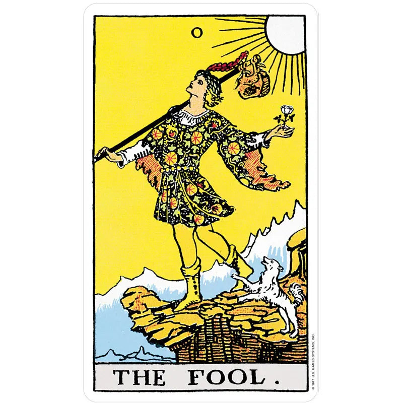 A tarot card illustration depicting The Fool with a staff, sun, and a white dog on a rocky landscape.