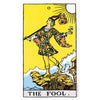 A tarot card illustration depicting The Fool, a young figure standing on a cliff with a staff and a crescent moon.