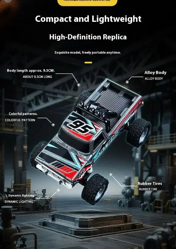 A compact and lightweight high-definition replica off-road car with colorful patterns and rubber tires.