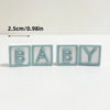 A set of wooden baby alphabet letters B A B Y in light blue color with a measurement indicator.