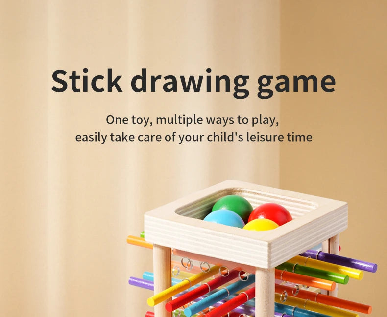 A wooden stick drawing game box filled with colorful counting sticks and balance toys for children's leisure time.