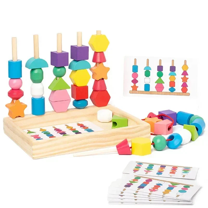 A set of wooden color and shape sorting toys featuring various colored blocks and stacking pieces for toddlers.