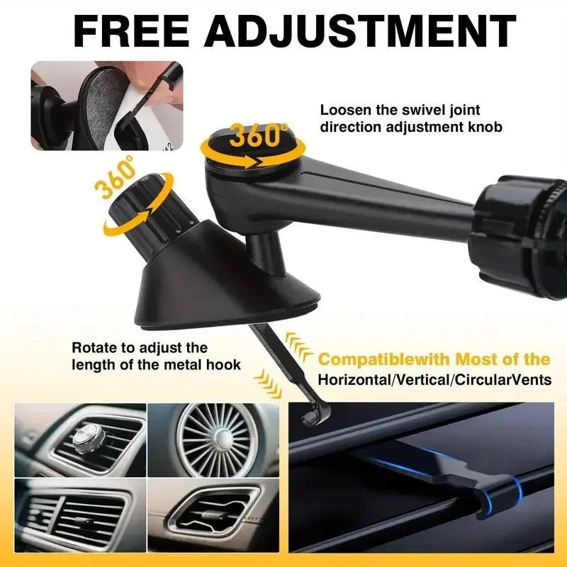 A black clip-on ornament for car air vents with a swivel joint adjustment knob.