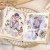 An open book featuring illustrations and text on a decorative frame with gold accents.