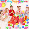 A variety of colorful squishy fidget toys and party favors for kids are displayed in a box.