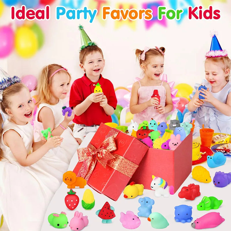 A variety of colorful squishy fidget toys and party favors for kids are displayed in a box.