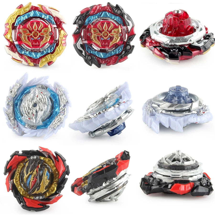 A set of metal spinning tops in various colors and designs with string launchers.
