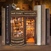A wooden miniature kit of a magic wand shop display featuring various items and books.