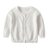 White knitted cotton cardigan for a baby girl with a round neckline and open front