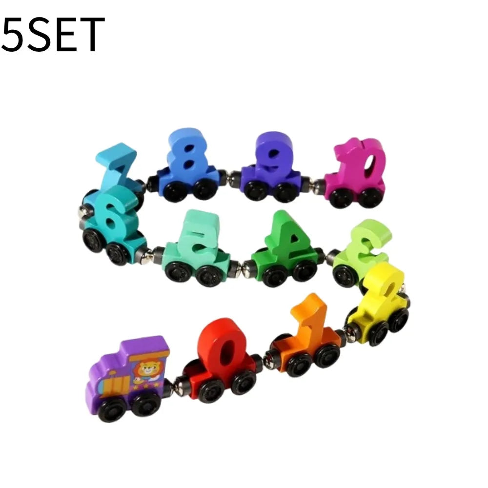 A set of five colorful wooden magnetic number train cars for toddlers.
