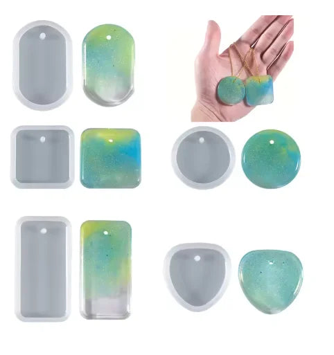 A set of silicone molds for making epoxy resin jewelry, including various shapes and colors.
