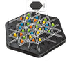 A black triangle chess strategy board game with pegs and colored pieces arranged on a grid.