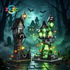 A detailed model of a spooky Halloween castle built from dark gray blocks with glowing green lights in a forest setting.