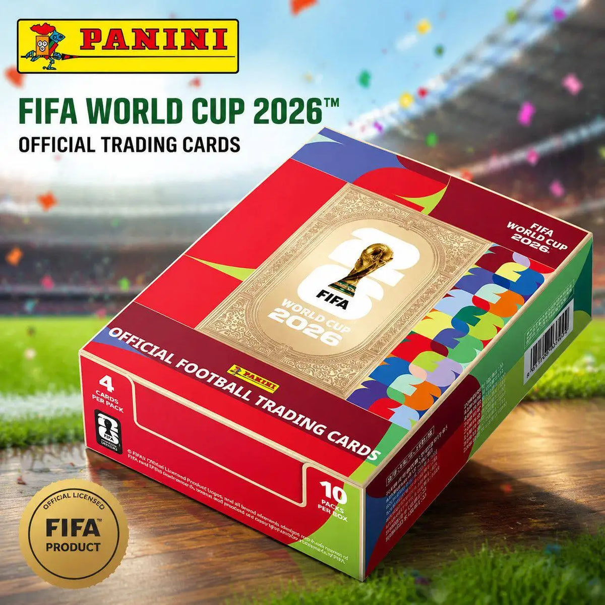 Box of FIFA World Cup 2026 official trading cards featuring football players on a green field background