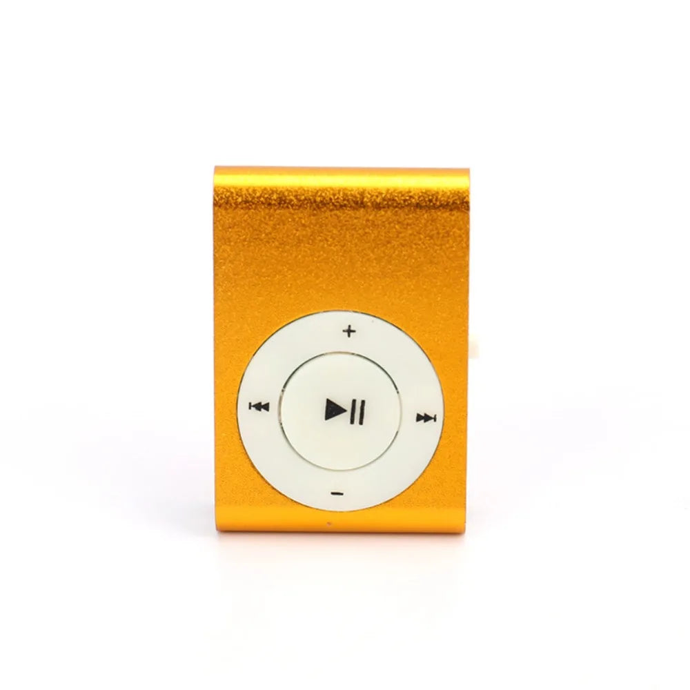 A portable mini MP3 player with an orange gold casing and a white control dial.
