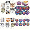 A set of 8 diamond painting coasters featuring cat mandala designs on wood.