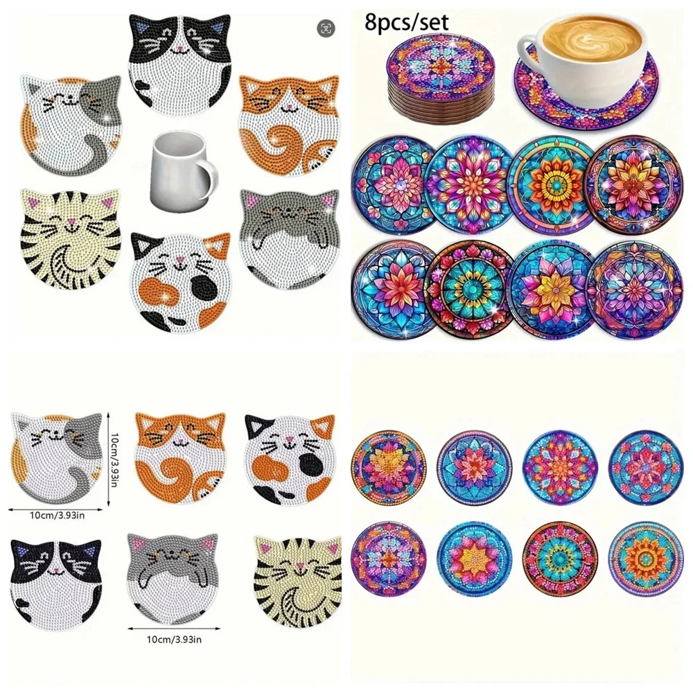 A set of 8 diamond painting coasters featuring cat mandala designs on wood.