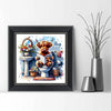 Diamond painting kit featuring a Highland cattle cross stitch art design in a black frame.