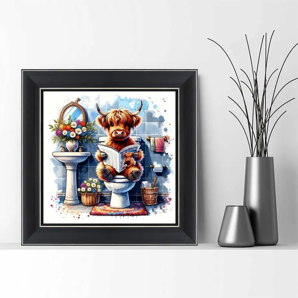 Diamond painting kit featuring a Highland cattle cross stitch art design in a black frame.