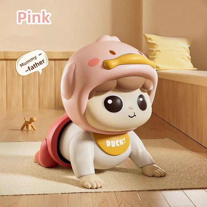 A pink baby doll wearing a helmet and white outfit is shown crawling on a light rug.