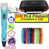 A blue 3D printing pen with an LCD display, a carrying case, and various colored PLA filaments.