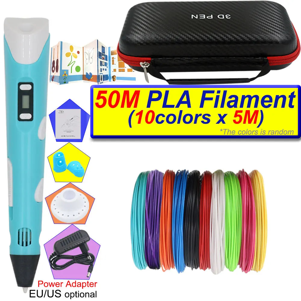 A blue 3D printing pen with an LCD display, a carrying case, and various colored PLA filaments.
