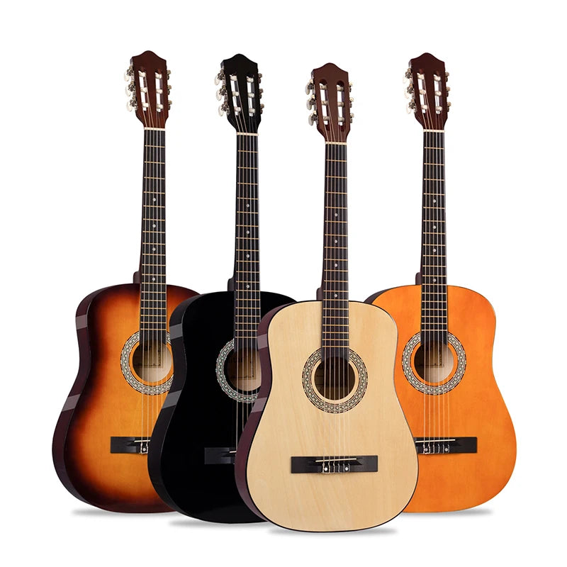 Four acoustic guitars in various wood tones including spruce and mahogany, shown side by side.