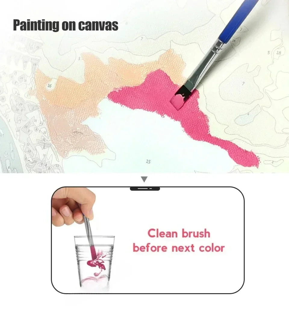 A hand cleans a paintbrush in a glass before applying the next color to a painting on canvas.