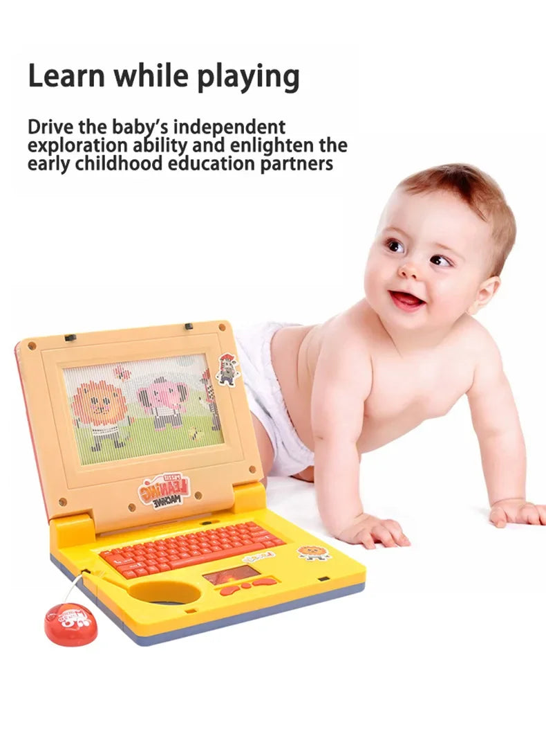 A baby is interacting with a yellow toddler learning laptop toy featuring a keyboard and colorful graphics.