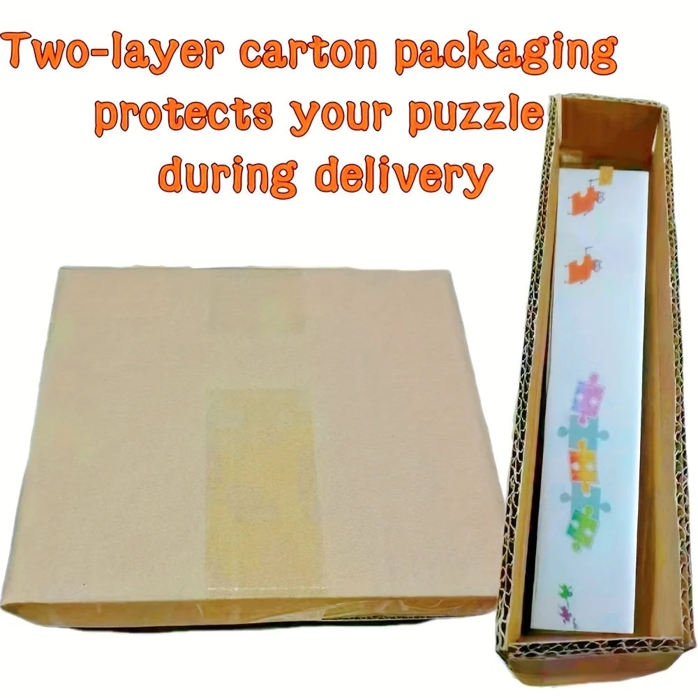 Two-layer carton packaging protecting a wooden jigsaw puzzle during delivery