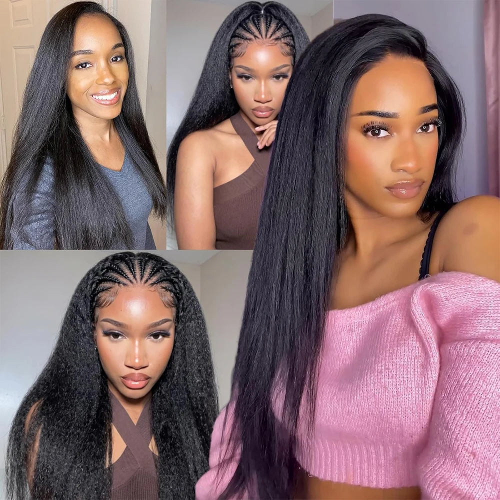 Close-up photo of a woman modeling long, straight black crochet hair extensions