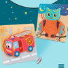 A wooden puzzle featuring an owl and a red toy car against a blue background.