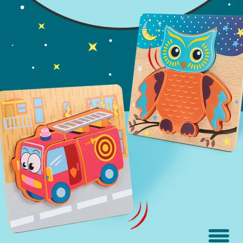 A wooden puzzle featuring an owl and a red toy car against a blue background.