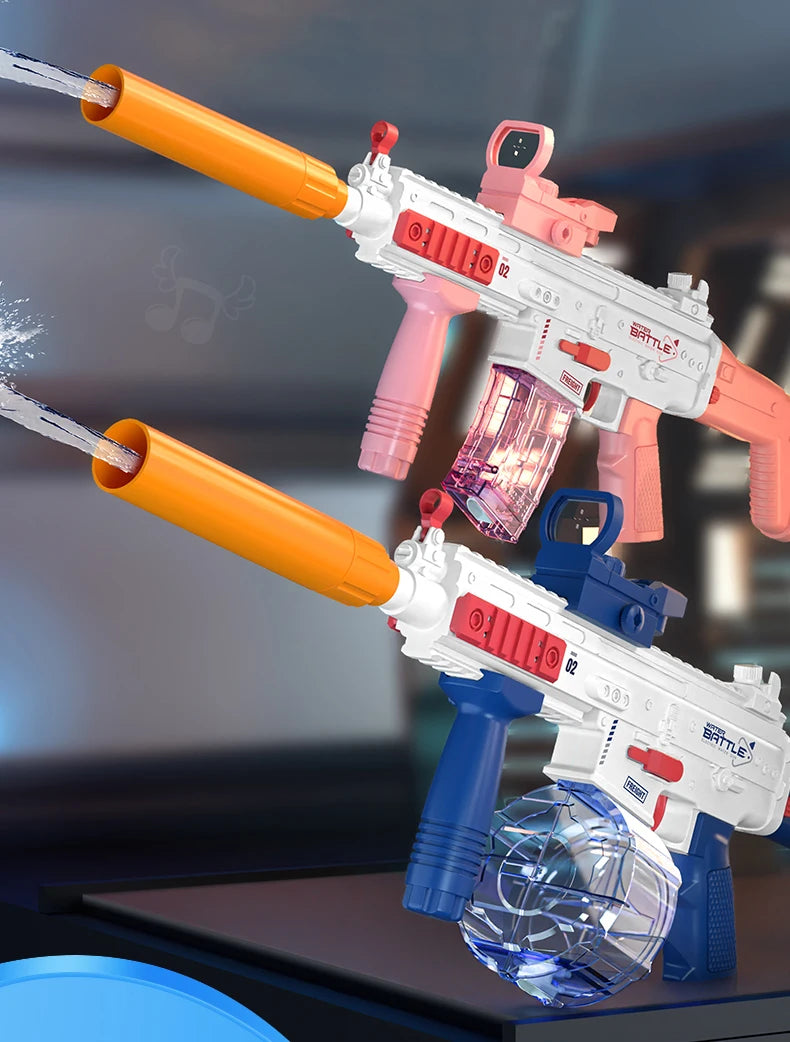 A toy gun with an orange water blaster and a pink rifle is shown firing water at a blue sphere.