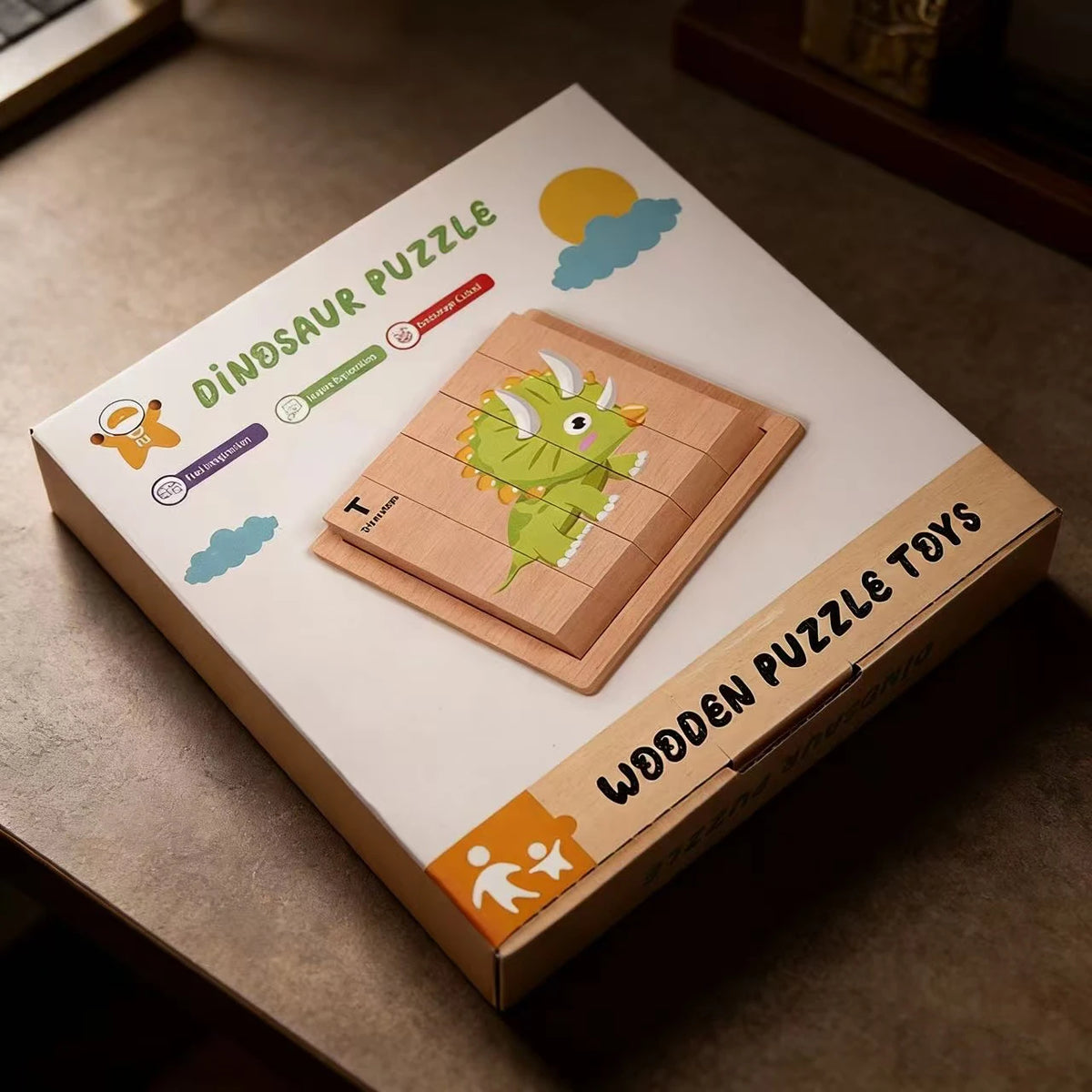 A wooden dinosaur jigsaw puzzle set box featuring a green dinosaur puzzle piece on a white background.