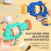 Two children are playing with mini water blaster pistols in a water gun battle outdoors.