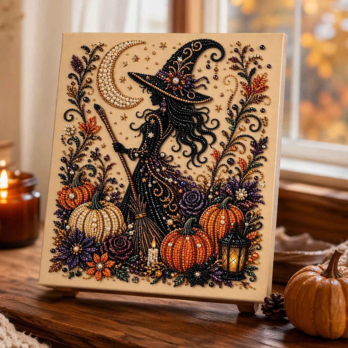 A framed canvas featuring a detailed Halloween design of a witch silhouette with a crescent moon and autumn foliage.