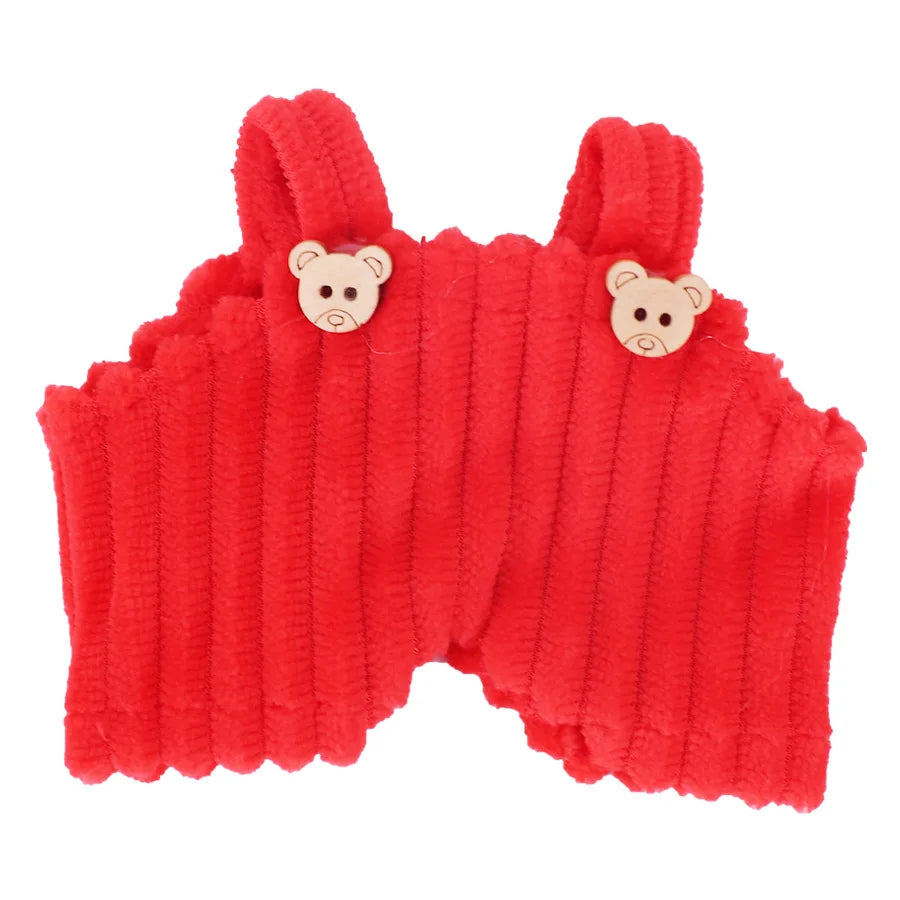 Red knitted strap pants with two bear-shaped appliqués for a plush doll